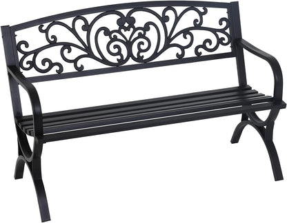 FDW Outdoor 50 Inches Garden Bench, Slatted Seat Armrests Floral Design Backres and Arch Legs, Perfect for Park, Yard, Porch, Lawn, Balcony, Backyard, Black