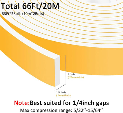 High Density Foam Weather Stripping Door Seal Strip Insulation Tape Roll for Insulating Door Frame, Window, Air Conditioner Soundproof Self Adhesive Sealing Weatherstrip(1 in x 1/4 in x 66 Ft)