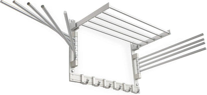 brightmaison BGT Wash Clothes Drying Rack Wall Mount Laundry Room Organizer with Hooks & Swing Arms, 17" Metal Laundry Rack Silver