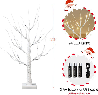 Christmas Decorations Indoor,2 Pack 2 FT White Lighted Birch Tree with Led Lights,Christmas Tree Decorations,Table Top Decor for Home Hanging Ornaments Halloween Valentines,Battery Operated