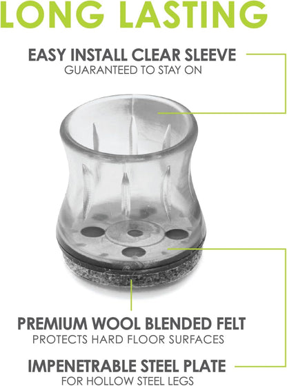 Slipstick GorillaFelt Chair Leg Floor Protectors for Hardwood Floors, Clear Sleeve Felt Pads for Furniture That Stay On, Fits Round & Square Legs, Includes 8 Premium Transparent Chair Socks, CB182