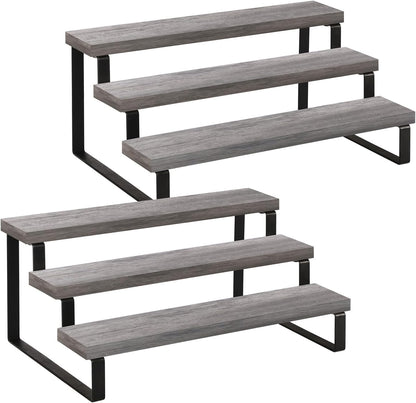 YINMIT Wooden Display Riser Stand, Tiered Perfume and Cologne Organizer Stand, 3 Tier Spice Rack Organizer, Rustic Display Shelf for Candles (3 Tier,2Pack,Grey)