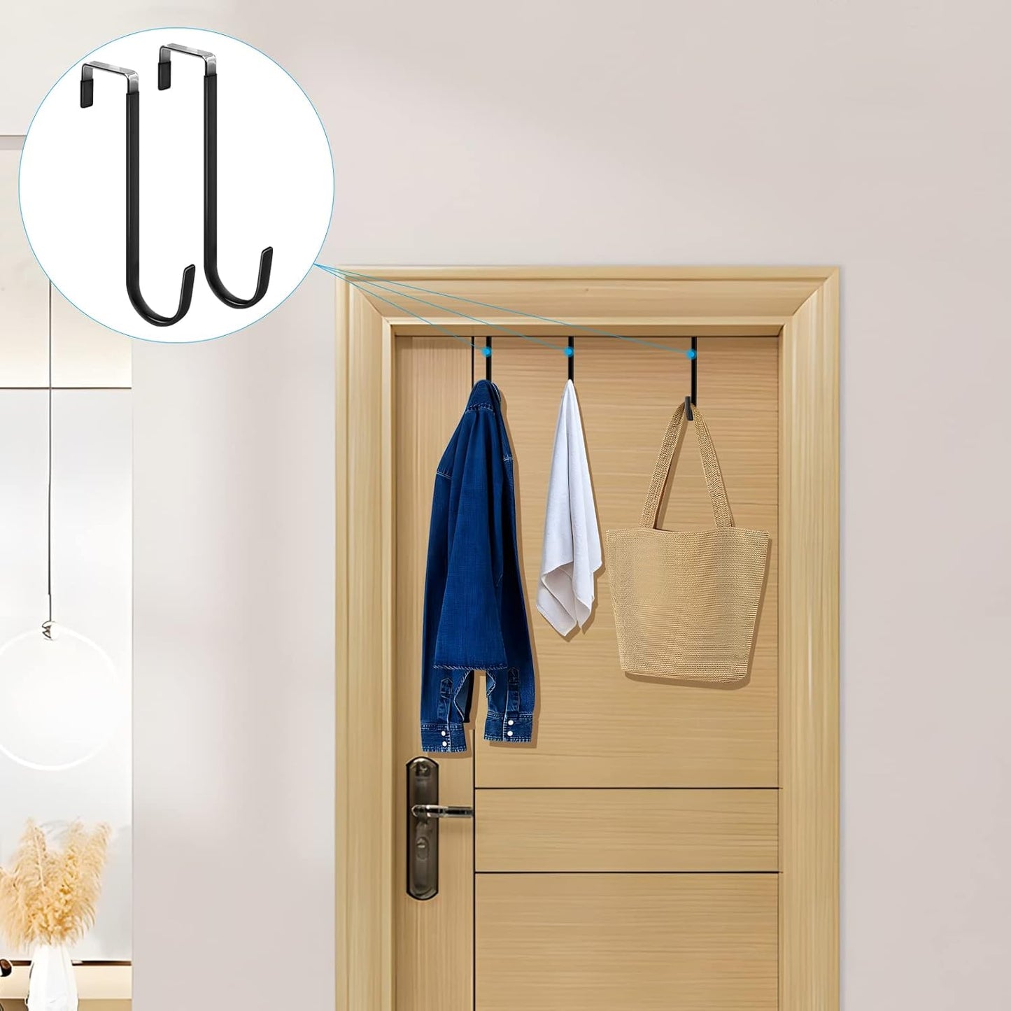 FYY Over The Door Hooks, 6 Pack Upgraded Long Door Hangers Hooks with Rubber Prevent Scratches Heavy Duty Organizer Hooks for Hanging Clothes, Towels, Hats, Coats, Bags Black