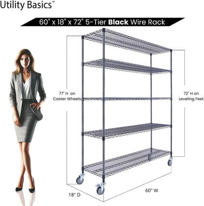 60"x18"x72" Black 5-Tier Premium Wire Shelving NSF 4000 LBS MAX Capacity Heavy Duty Steel Storage Rack for Warehouses, Garages, Hospitals, Commercial Spaces, & Schools w/Premium Wheels