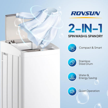 ROVSUN 17.8LBS Portable Washing Machine, Full-Automatic Electric Laundry Machine with Stainless Steel Drum, 110V Compact Washer and Spin Dryer Combo with Drain Pump for Apartment, Dorms, RV, Home