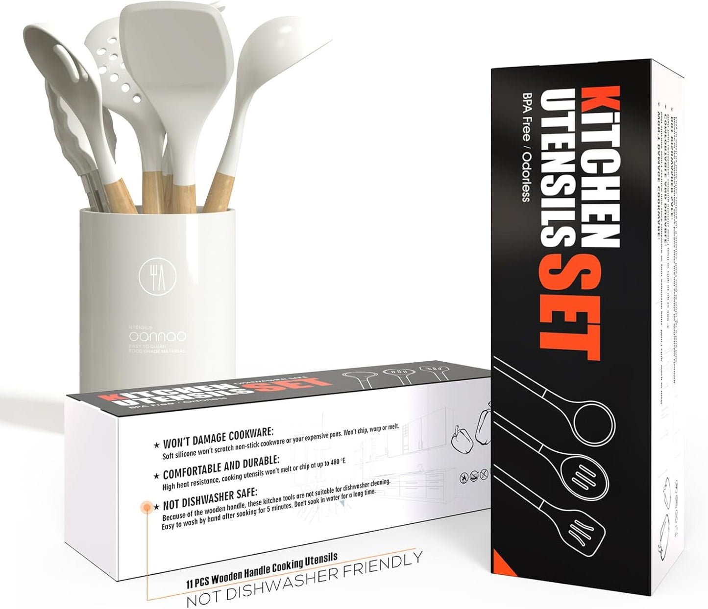 Silicone Cooking Utensils Set - 446°F Heat Resistant Silicone Kitchen Utensils for Cooking,Kitchen Utensil Spatula Set w Wooden Handles and Holder for Non-Stick Cookware, BPA FREE (Cream White)