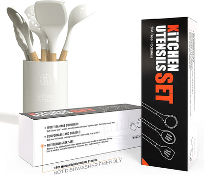 Silicone Cooking Utensils Set - 446°F Heat Resistant Silicone Kitchen Utensils for Cooking,Kitchen Utensil Spatula Set w Wooden Handles and Holder for Non-Stick Cookware, BPA FREE (Cream White)