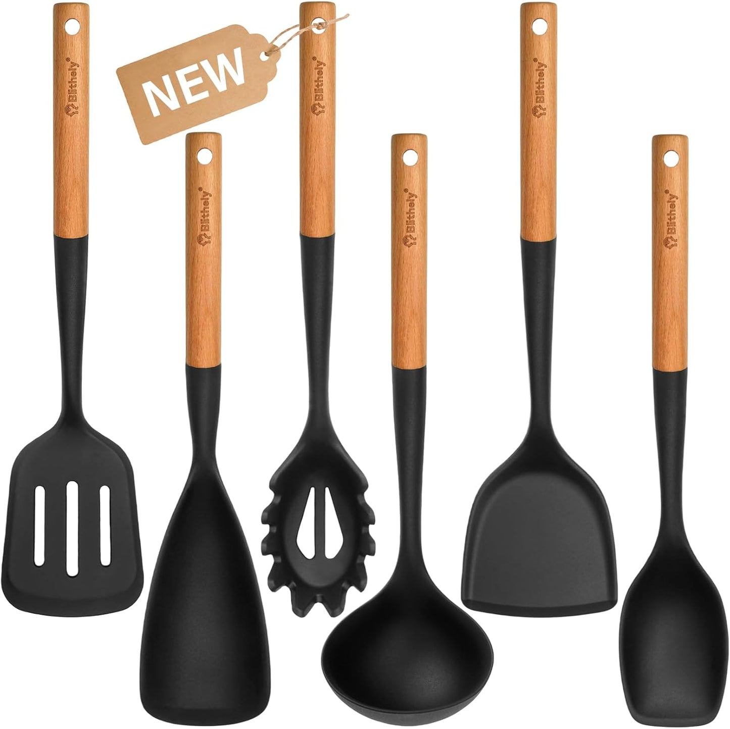 Silicone Cooking Utensils Set, 6 Pack Large Kitchen Utensils Set with Wooden Handle, Heat Resistant Silicone Utensil Spatula Set for Nonstick Cookware, Spatula, Turner, Spoon, Ladle BPA Free (Black)