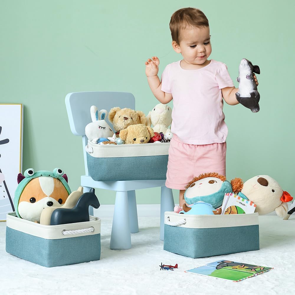 TheWarmHome Fabric Storage Bin with Handles,Storage Basket for Home Storage and Organization, Shelf Basket with Cover for Living Room Bedroom Closet（White & Green Medium 13.8L×9.8W×6.7H