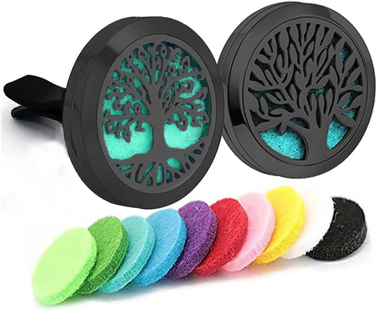 2Psc Black Car Aromatherapy Essential Oil Diffuser Locket Tree of Life Pattern Stainless Steel Car Air Fresheners Vent Clips Decorative