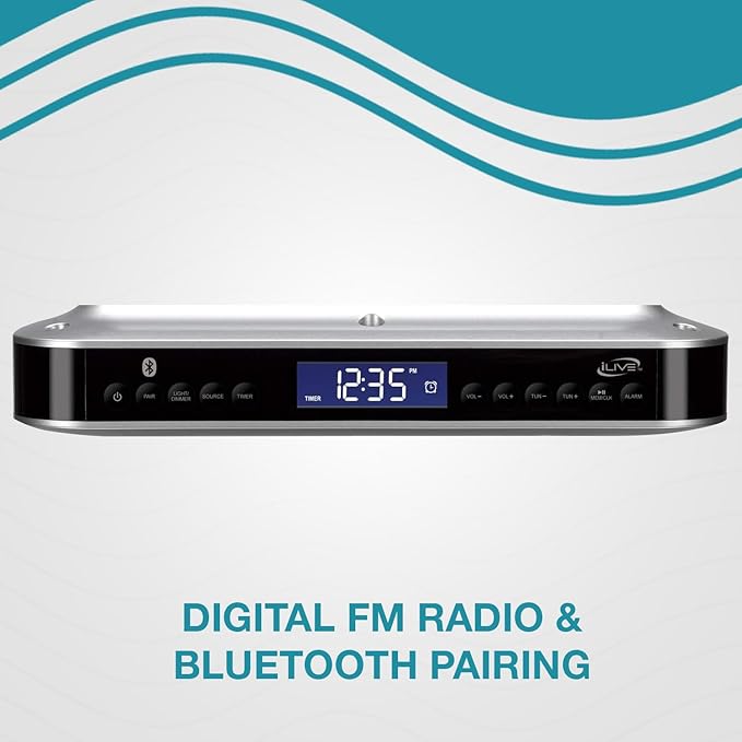 iLive Under Cabinet Bluetooth FM Radio for Kitchen, Wireless Stereo with Built-in Clock & Timer, 20 FM Presets, Negative LCD, 60-Ft Range, Under-Cabinet Mounting Hardware, AC Powered + Battery Backup
