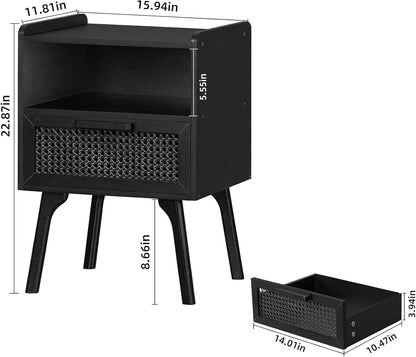 Lerliuo Rattan Nightstands Set of 2, Boho Side Table with Drawer Open Shelf, Cane Accent Bedside End Table with Solid Wood Legs for Bedroom, Dorm and Small Spaces (Black)