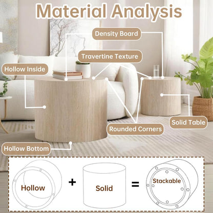 Round Nesting Coffee Table Set of 2 Modern Small Round Coffee Table Travertine Side Table Small End Table Circular Coffee Tables Circle Nested Coffee Tables for Living Room (Travertine)
