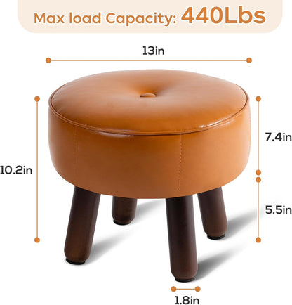 Small Foot Stool Ottoman, Round Pouf Foot Rest, Footstool Ottomans with Rubber Legs Under Desk, Faux Leather Footrest for Couch, Living Room, Bedroom, Hallway, Office, 13''L x 13''W x 10.2''H