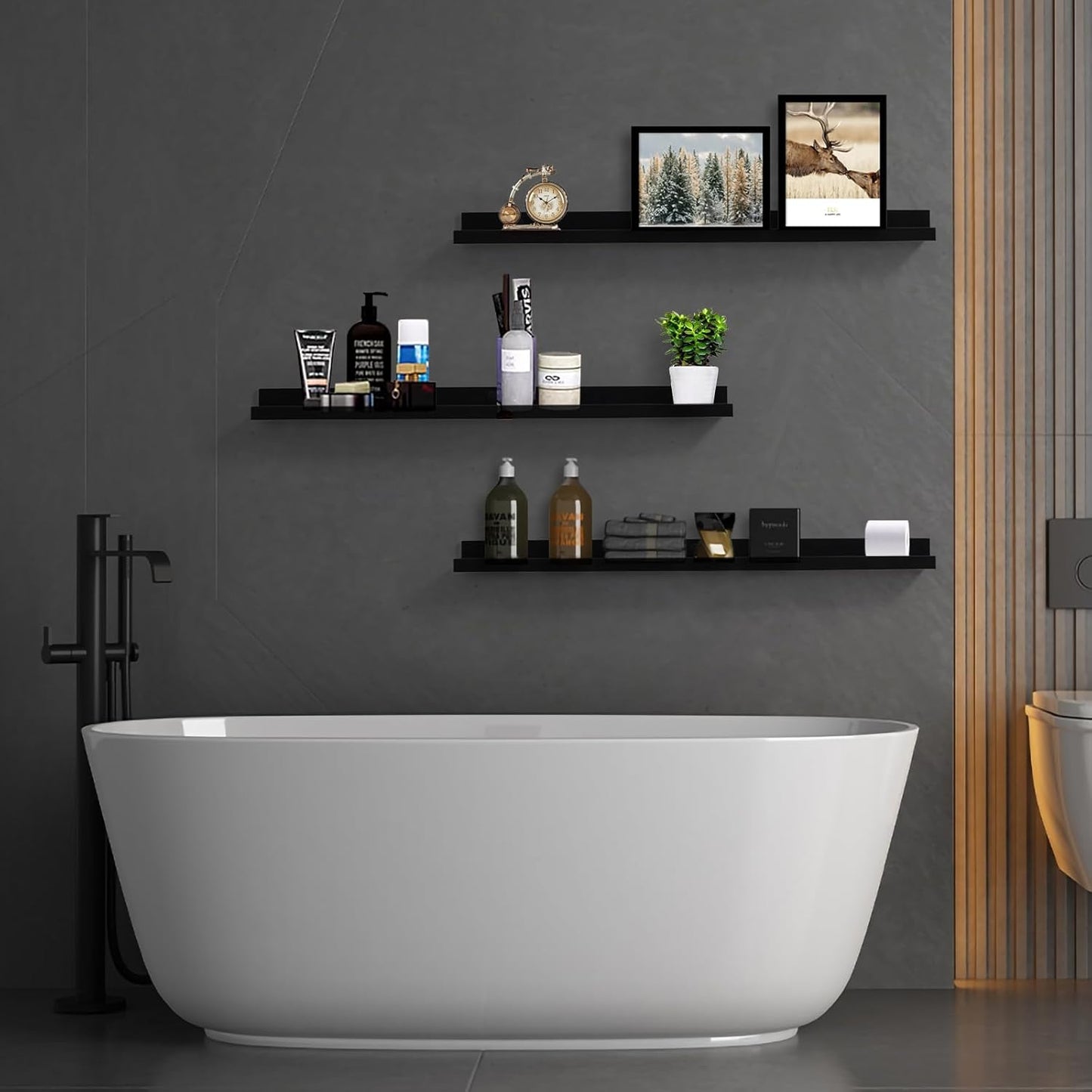 Long Floating Folding Shelves 48 Inch Wood Picture Ledge Shelf with Lip for Wall Black Storage Shelves for Kids Room Photo Shelves Wall Organizer Set of 3 for Bedroom Living Room Bathroom Kitchen