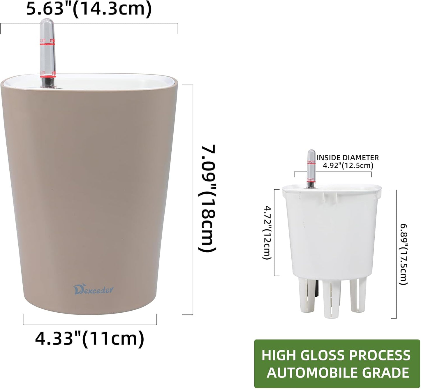 Dexceder 6x7 Self Watering Planter Indoor Outdoor, High Gloss Table Flower Plant Pot with Water Level Indicator (Taupe)