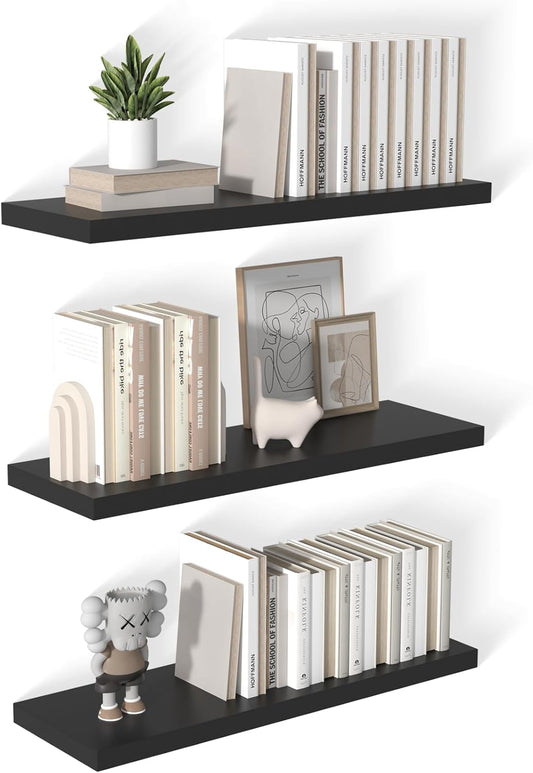 12 Inch Deep Floating Shelves for Wall 3 Pack Floating Shelves Large Storage Space Wall Mount Shelf for Living Room Kitchen Bathroom 36" W x 12" D x 1.2" H Black