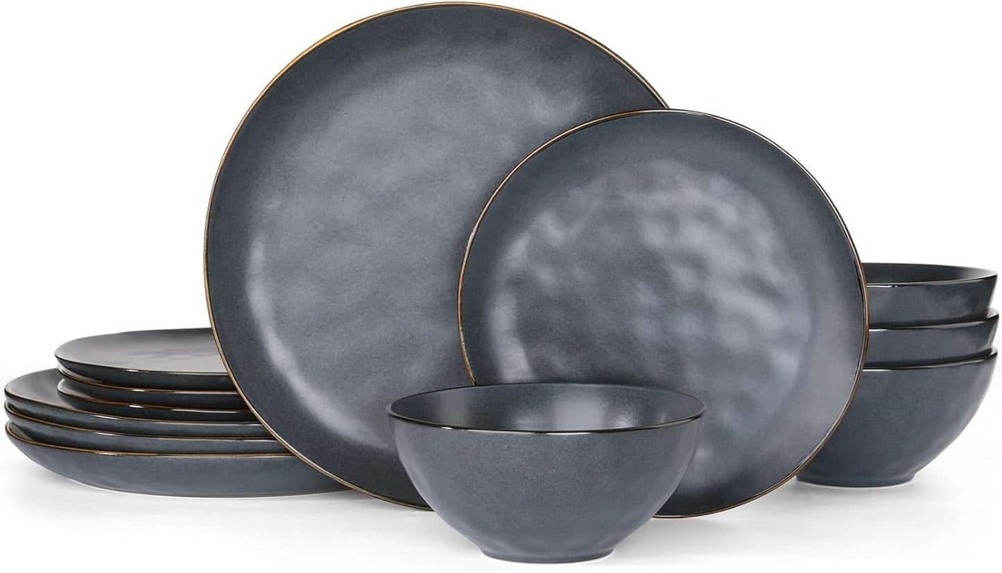 Famiware Dinnerware Sets for 4, Ocean Round 12-Piece Kitchen Plates and Bowls Sets, Microwave and Dishwasher Safe, Scratch Resistant, Matte Black