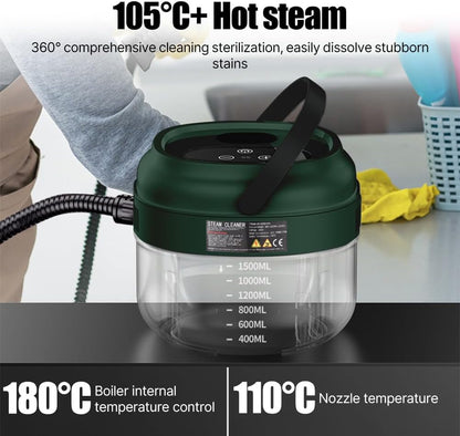 Irishom Pressurized Handheld Steam Cleaner with 3 Brushes and Extended Rod, Deep Cleaning Steamer with 6 Gear Adjustable Digital Touch Screen 1500ml Water Tank
