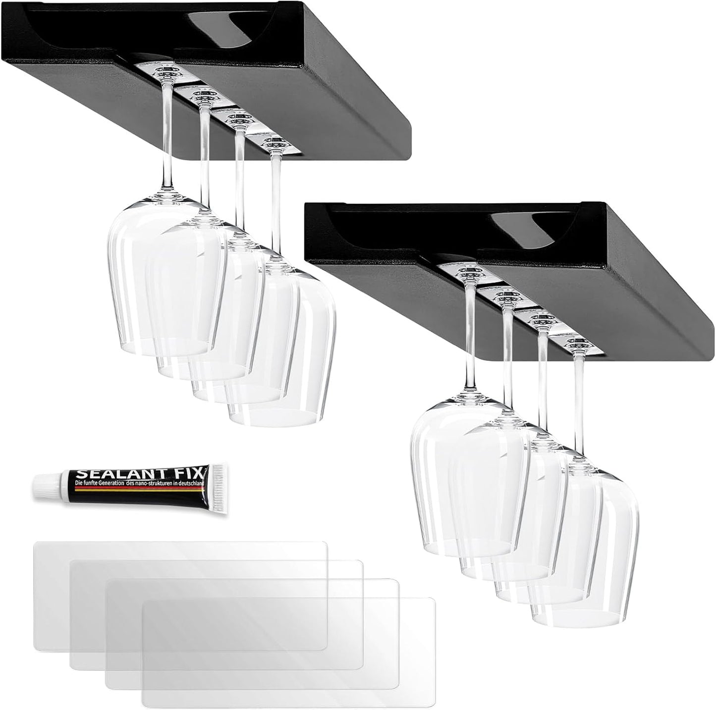 2PC Black Wooden Hanging Wine Glass Rack - Wall Mount Stemware Holder 25.3x11x2 cm - Space Saving Bar Organizer for Kitchen, Dining Room Home Decor (2pc)