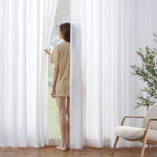 MIULEE White Privacy Sheer Curtains That Let Light in Non-See-Through Semi Sheer Curtains Light Filtering Window Curtain Drapes for Living Room Bedroom 42 X 92 Inches Long 2 Panels Set