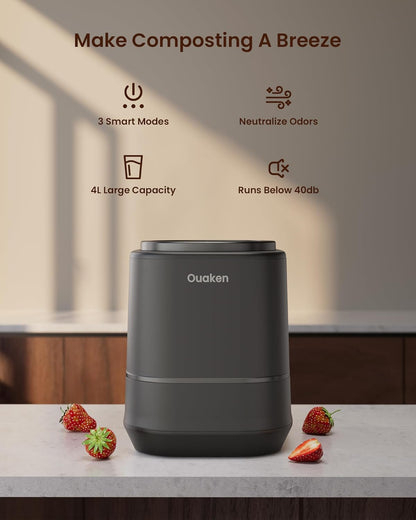 Electric Composter for Kitchen - 4L Countertop Indoor Compost Bin Smart Odorless Turn Kitchen Waste into Fertilizer Compost Maker, Low Noise, Auto-Clean, 2025 Newer Home Food composting Machine Gifts