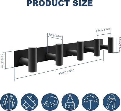 PMMASTO Coat Rack Wall Mounted, 5 "T Shaped Wall Hooks for Hanging, Heavy Duty Stainless Steel Coat Hook Rail for Hat Towel Robes in Bathroom Kitchen Mudroom Entryway (Black, 2 Pack)