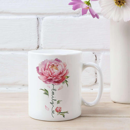 Flower Design Mug With Custom Name, Unique Peony Flower Ceramic Cup, Customized Flower Lover Coffee Mug, Personalized Peony Themed Decorative Cup, Novelty Peony Accent Mug 11oz 15oz