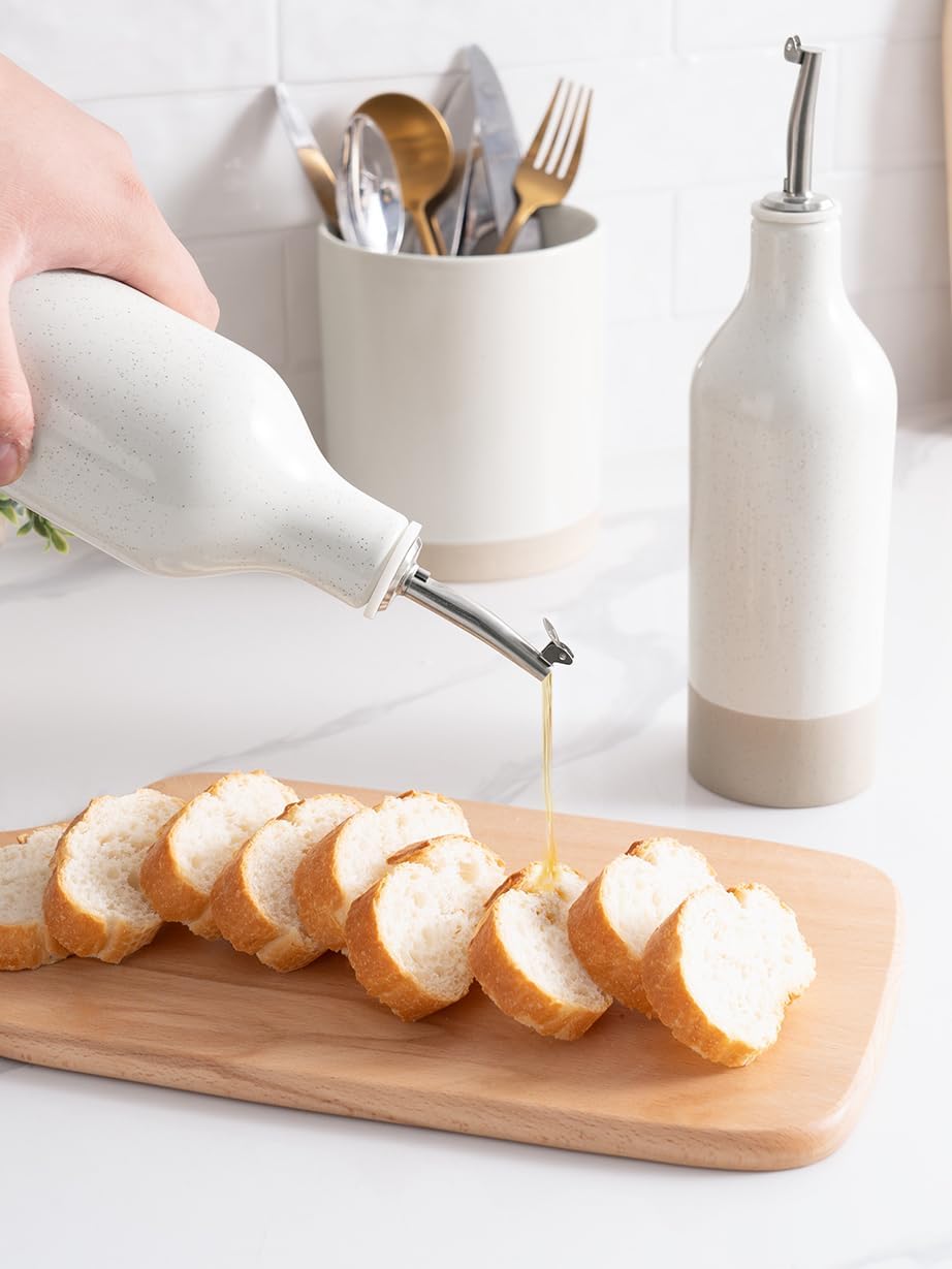 famiware Milkyway 16oz Ceramic Olive Oil Dispenser Bottle, 1 Piece Oil Dispenser for Kitchen with Stainless Steel Pourers, Suitable for Storage Vinegar, Soy Sauce, Coffee Syrup, Liquids, White