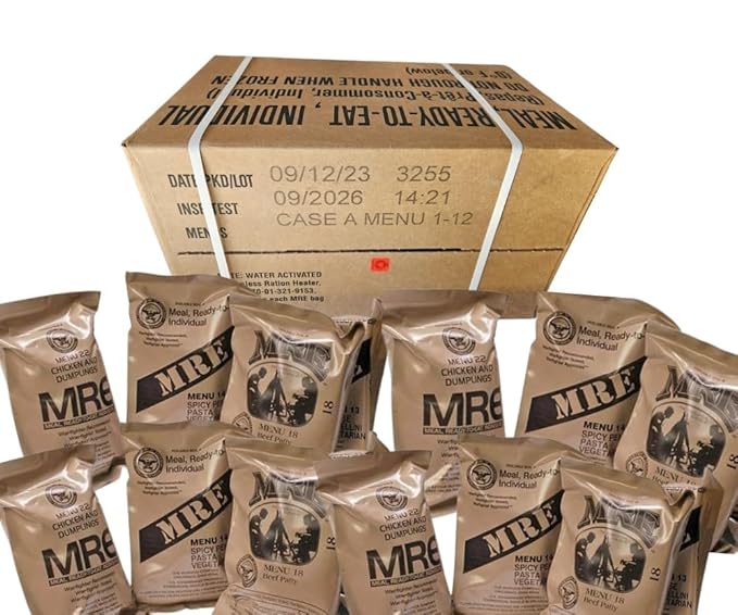 MRE Meals Ready to Eat A case 2025, 2026 inspection. Genuine Military US surplus emergency food bulk supply full box with heater - menus 1 to 12