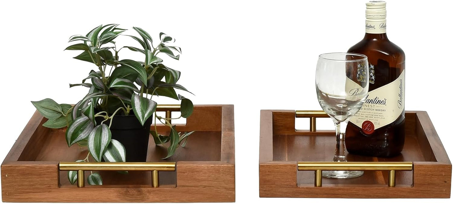 Set of 2 Acacia Wood Serving Trays with Gold Metal Handles for Food Serving, Appetizers & Snacks - Ideal for Bed, TV, Ottoman or Coffee Table Décor, Home Decoration Accessory 15.75x11.8 Inch