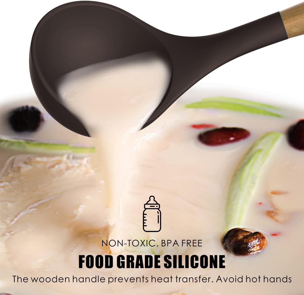 Silicone Cooking Utensils Set - 446°F Heat Resistant Silicone Kitchen Utensils for Cooking,Kitchen Utensil Spatula Set w Wooden Handles and Holder for Non-Stick Cookware, BPA FREE (Coffee)