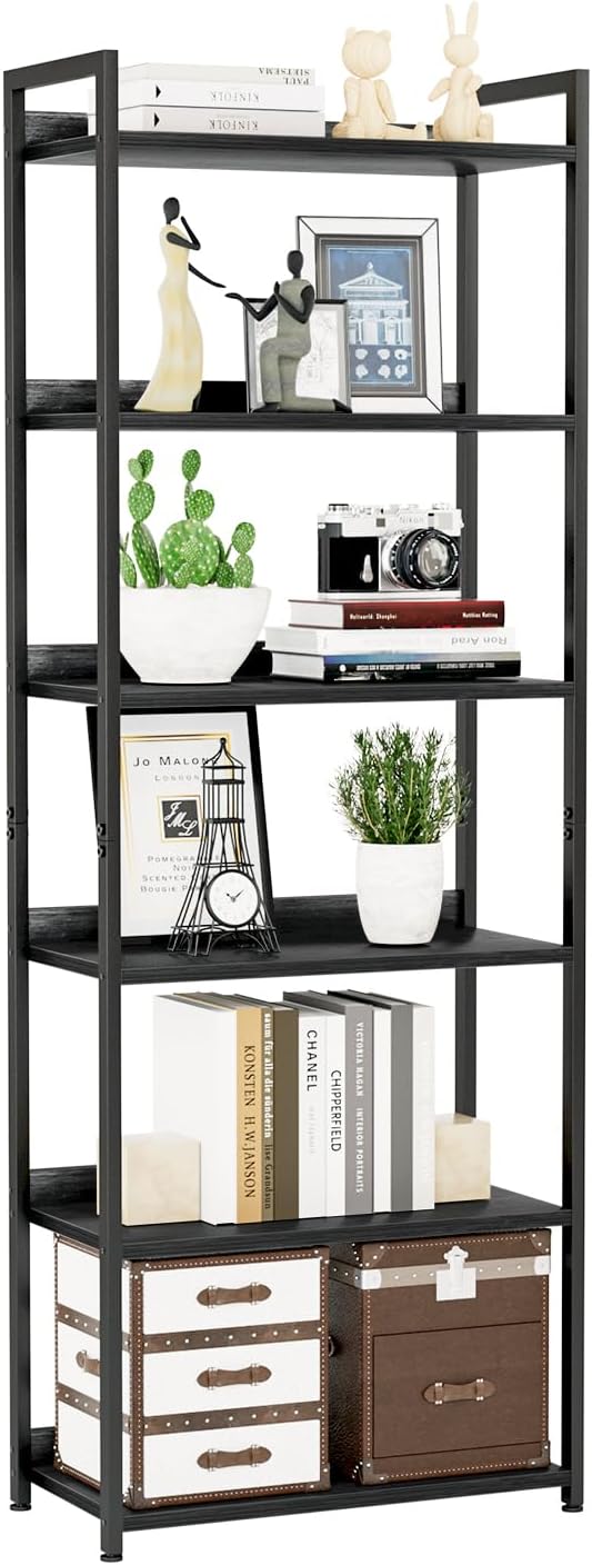 NUMENN Bookshelf, 6 Tier Bookshelves, Home Office Bookcase Shelf Storage Organizer, Free Standing Storage Shelving Unit for Bedroom, Living Room and Home Office, Black