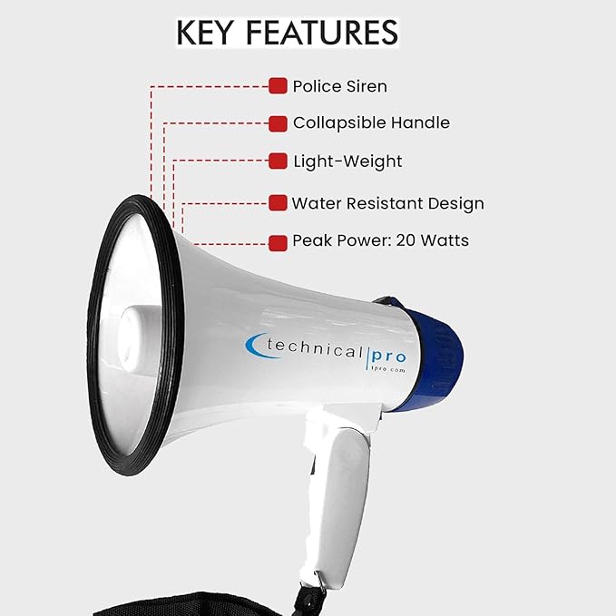 Technical Pro 20 Watts Lightweight Portable 300M Range Megaphone Bullhorn with Strap, Siren, and Volume Control, Good for Trainers, Soccer, Football, Baseball, Coaches