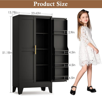 51" Metal Kitchen Pantry Cabinet, Storage Cabinets with 2 Door and 3 Adjustable Shelves, Black Freestanding Food Storage Cabinet, Steel Cupboard for Kitchen Dinning Room