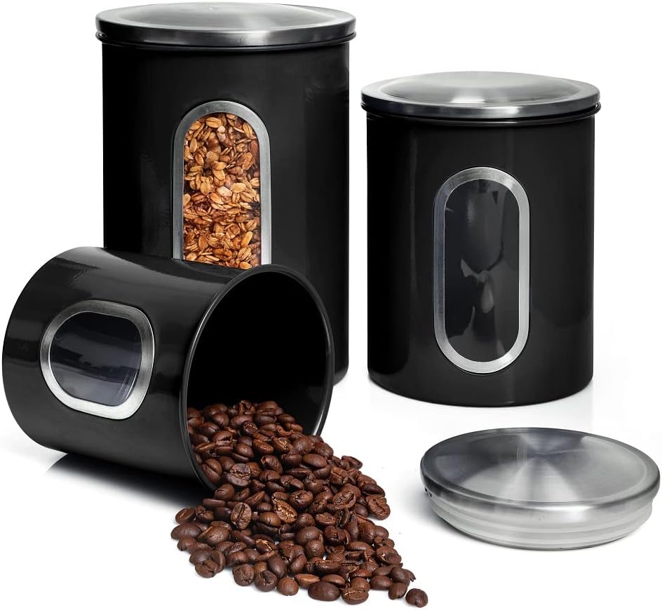 Moss & Stone 3-Piece Black Canisters Sets For The Kitchen, Airtight Canister Set With See Through Window, Storage Jars for Coffee Container, Tea Organizer & Sugar Canister, Black Kitchen Canisters