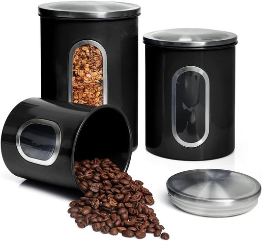 Moss & Stone 3-Piece Black Canisters Sets For The Kitchen, Airtight Canister Set With See Through Window, Storage Jars for Coffee Container, Tea Organizer & Sugar Canister, Black Kitchen Canisters
