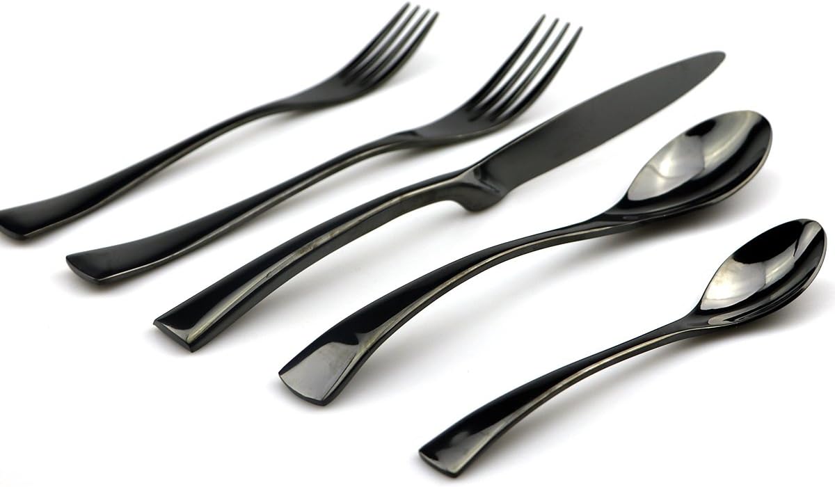 JASHII 18/10 Stainless Steel 20 Piece Mirror Polished Black Flatware Set,Dinner Knife Fork Salad Fork Dessert Spoon Coffee Spoon，Service for 4 ，Black Utensil Sets