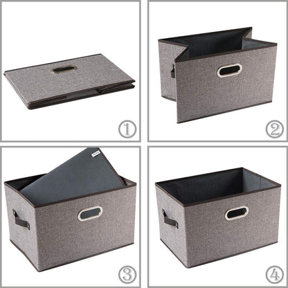 PRANDOM Larger Collapsible Storage Bins for Closet [5-pack] Decorative Linen Fabric Storage Baskets Cubes with Leather/Metal Handles for Living Room Grey (17.3x12.2x10.4 Inch)