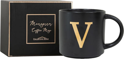 COLLECTIVE HOME - Monogram Ceramic Mugs, 15 oz Golden Initial Black Coffee Cups, Elegant Alphabet Tea Mugs, Elegant Personalized Mug with Gift Box, Unique Mug with Double Side Capital Lette (V)