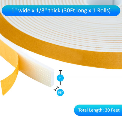 High Density Foam Weather Stripping Door Seal Strip Insulation Tape Roll for Insulating Door Frame, Window, Air Conditioner | Self Adhesive Sealing Weatherstrip (White, 1 in x 1/8 in x 30 Ft)