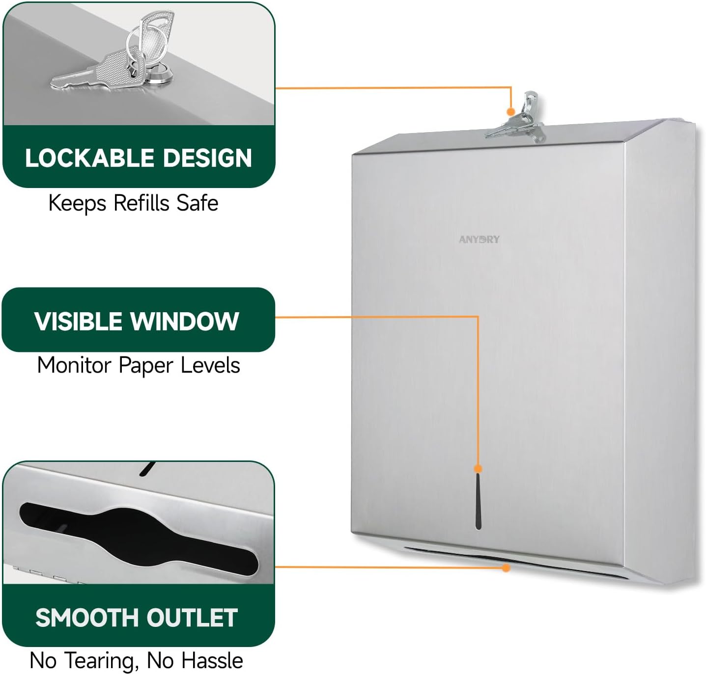 Commercial Paper Towel Dispenser Wall Mount 400-Sheet Capacity Brushed Stainless Steel Lockable Fits Multifold/Z-Fold Towels (Folded Size ≤ 10.6" x 3.9")