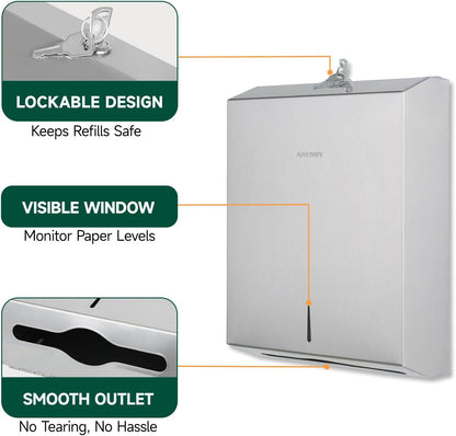 Commercial Paper Towel Dispenser Wall Mount 400-Sheet Capacity Brushed Stainless Steel Lockable Fits Multifold/Z-Fold Towels (Folded Size ≤ 10.6" x 3.9")