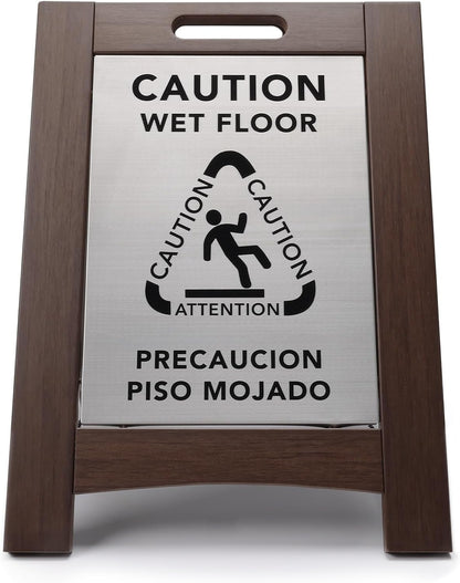 Premium Outdoor Composite Caution Wet Floor Sign – Bilingual w/Non-Skid Plastic Feet, Black Plate – For Hotels, Schools, Offices, Areas, Restrooms, Pool Decks - Brown 2 Pack