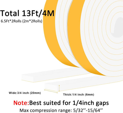 Closed Cell Foam Weather Stripping for Various Door Seal and Window Insulation, One Sided Foam Strips Adhesive, SoundProof Weatherproof AC Seal Strip, Shock-Absorbing (3/4 in x 1/4 in x 13Ft)