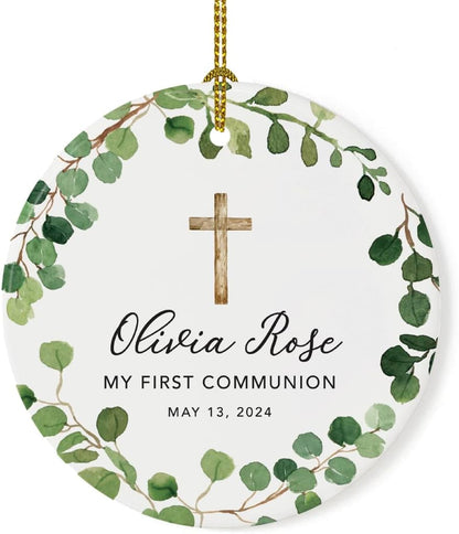 Andaz Press Personalized First Communion Ornament for Girls Boys, Round Ceramic Porcelain First Communion Christmas Ornament, Custom Name Date, My First Communion 2025, Farmhouse Eucalyptus Wreath