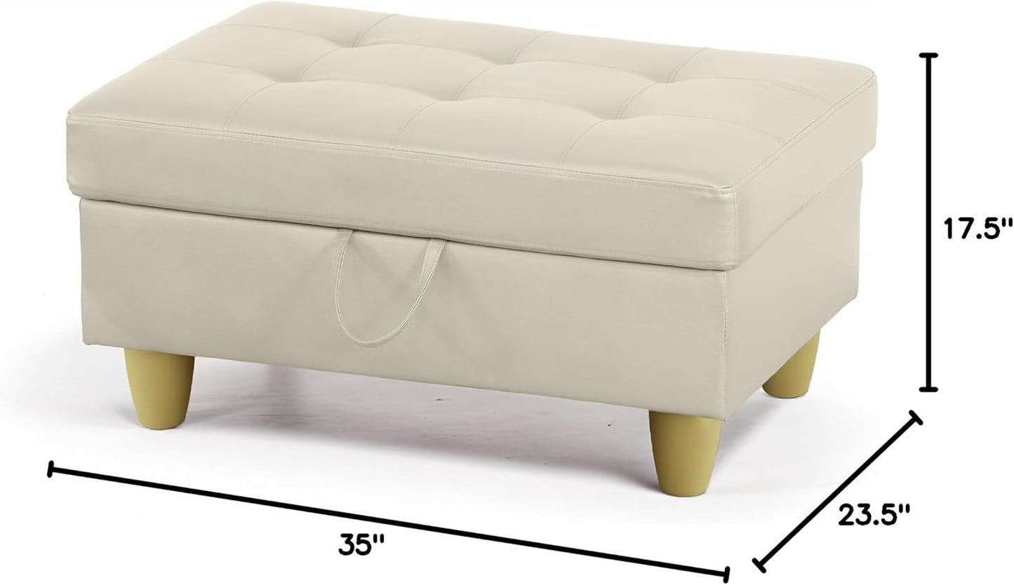 Ottoman Rectangular Storage Ottoman Bench, Faux Leather Footrest, Coffee Table, Stool Footstool with Hinged Lid for Living Room, Bedroom, Entryway, White, 35"x23.5"x17.5"