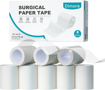 Dimora Soft Paper Surgical Tape 8 Rolls- Hypoallergenic Medical Tape for Sensitive Skin，Breathable First Aid Wound Tape with Pain-Free Removal, Secures Dressing and Medical Devices -2" x 10 Yards