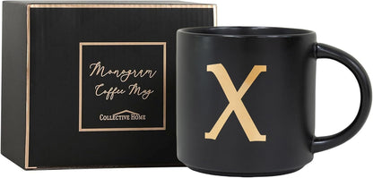 COLLECTIVE HOME - Monogram Ceramic Mugs, 15 oz Golden Initial Black Coffee Cups, Elegant Alphabet Tea Mugs, Elegant Personalized Mug with Gift Box, Unique Mug with Double Side Capital Lette (X)