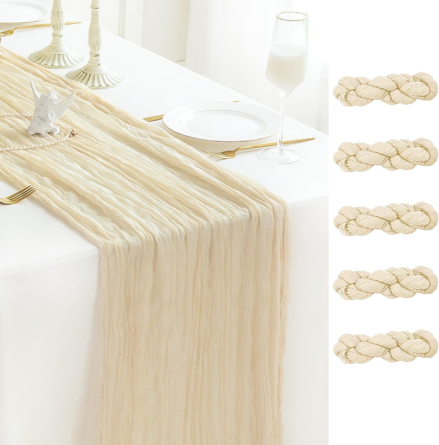 Sioloc 5 Pack Beige Cheesecloth Table Runner Fall Autumn Decor for Home 10ft Table Cloth for Tea Wedding Birthday Party Baby Bridal Shower Halloween Thanksgiving